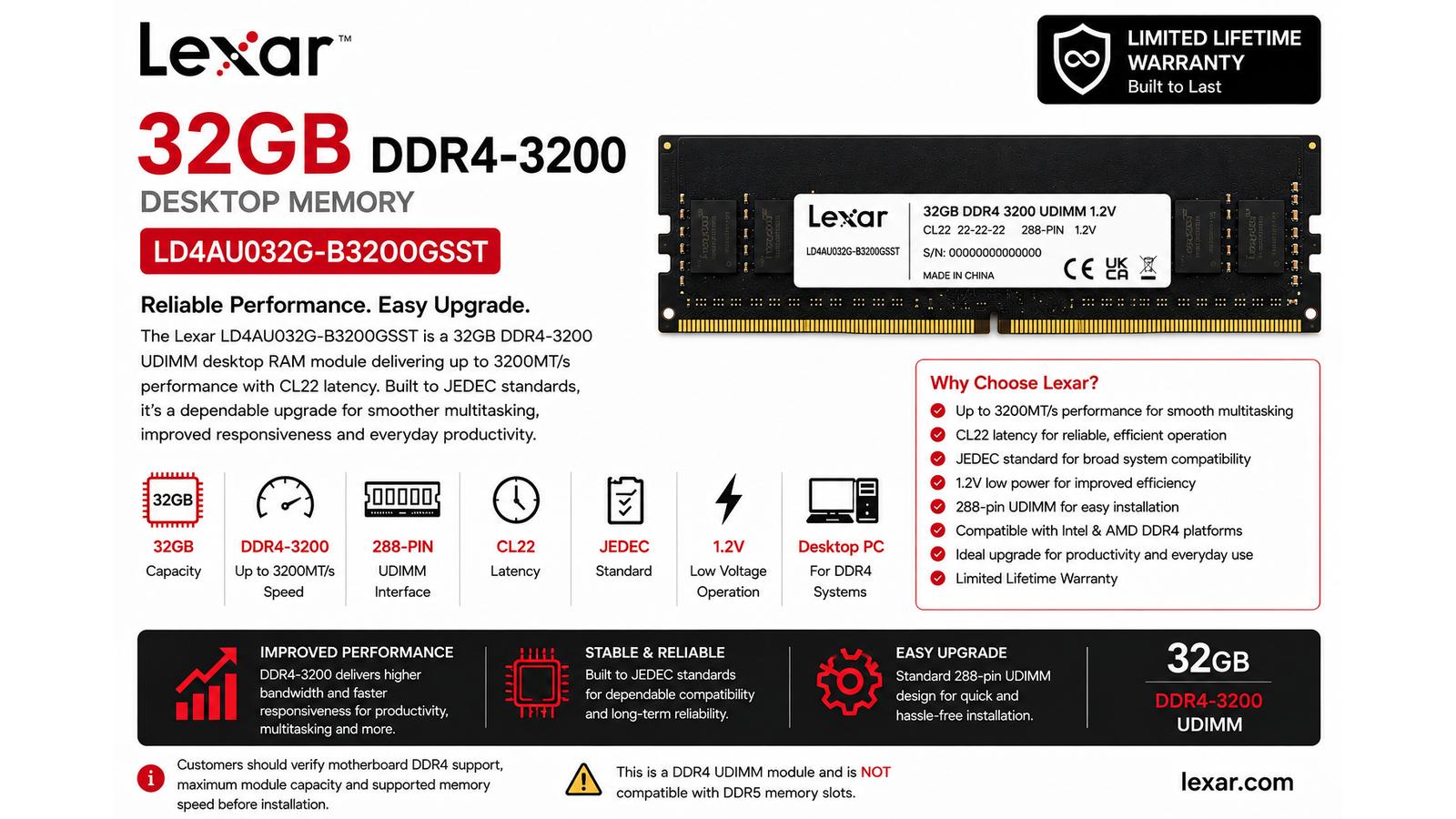 Lexar LD4AU032G-B3200GSST, 32GB DDR4-3200 UDIMM Desktop RAM, 3200MT/s, PC4-25600, CL22, 288-Pin, 1.2V | LD4AU032G-B3200GSST